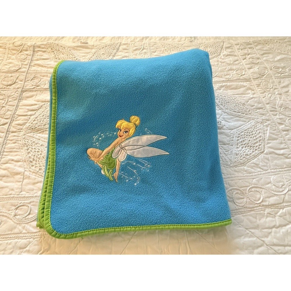 Disney Store Blue‎ Green Trim Tinker Bell Blanket Fleece Wings Fairy 60"X50" EUC